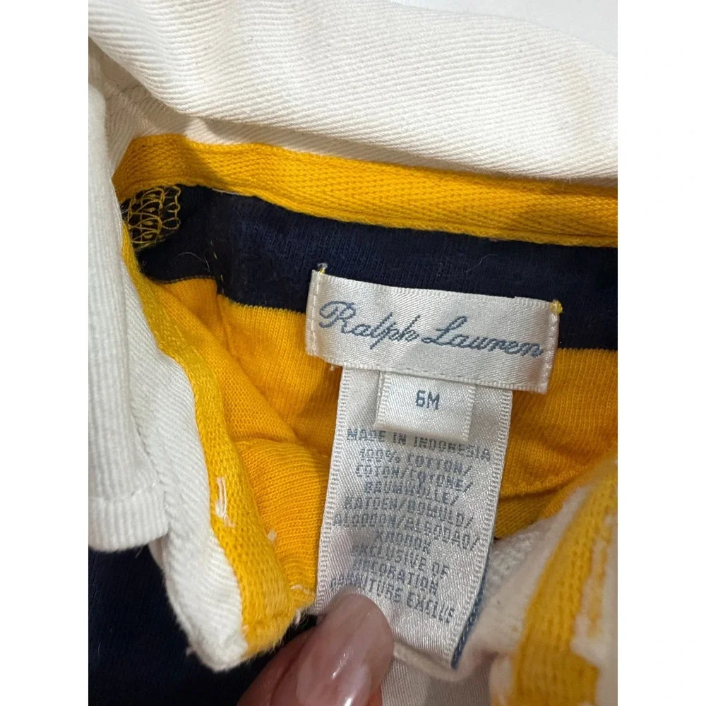 Ralph Lauren Kids Yellow Navy Striped Rugby Romper 6M Preppy Cotton One Piece